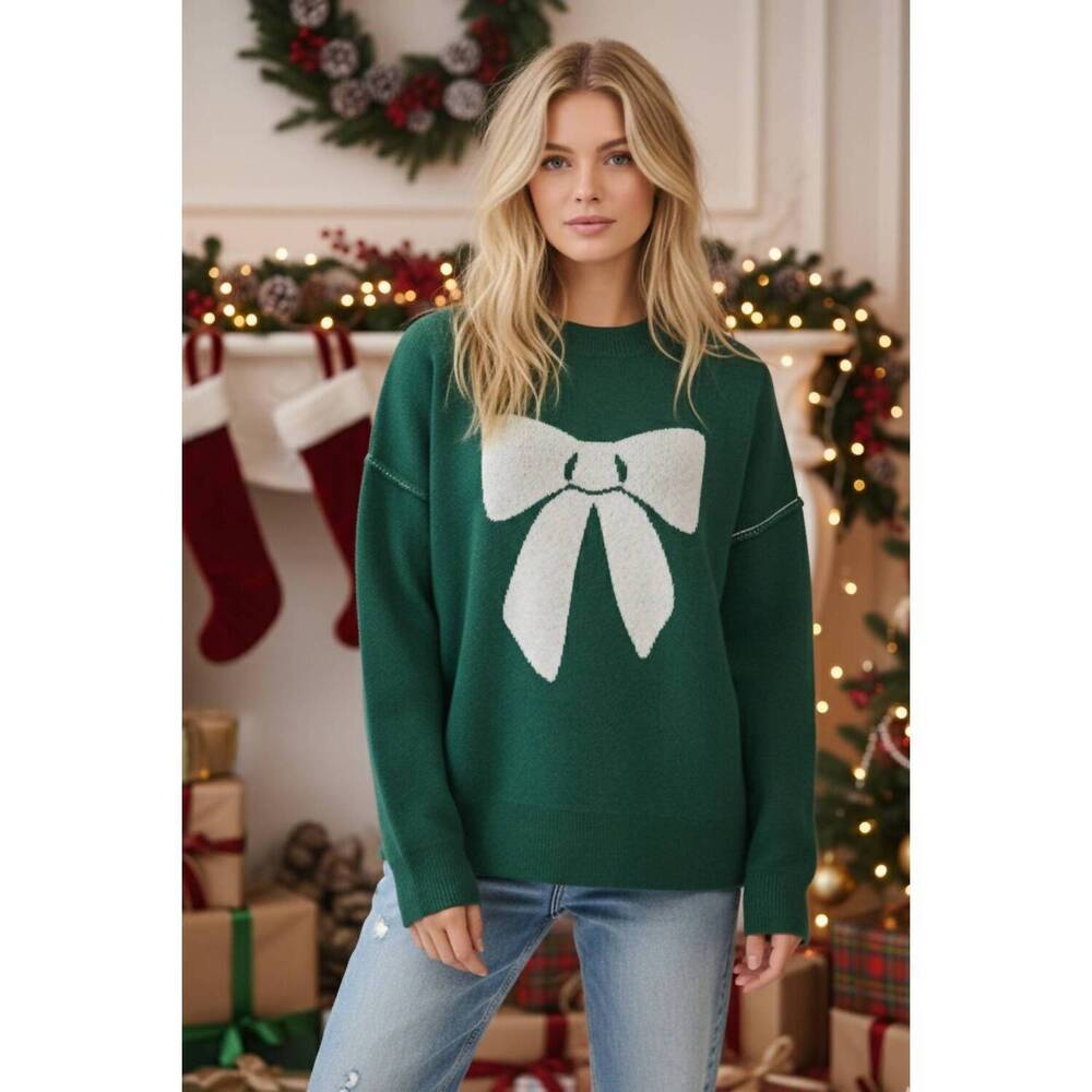 NEW SEWN AND SEEN christmas bow print sweater in green